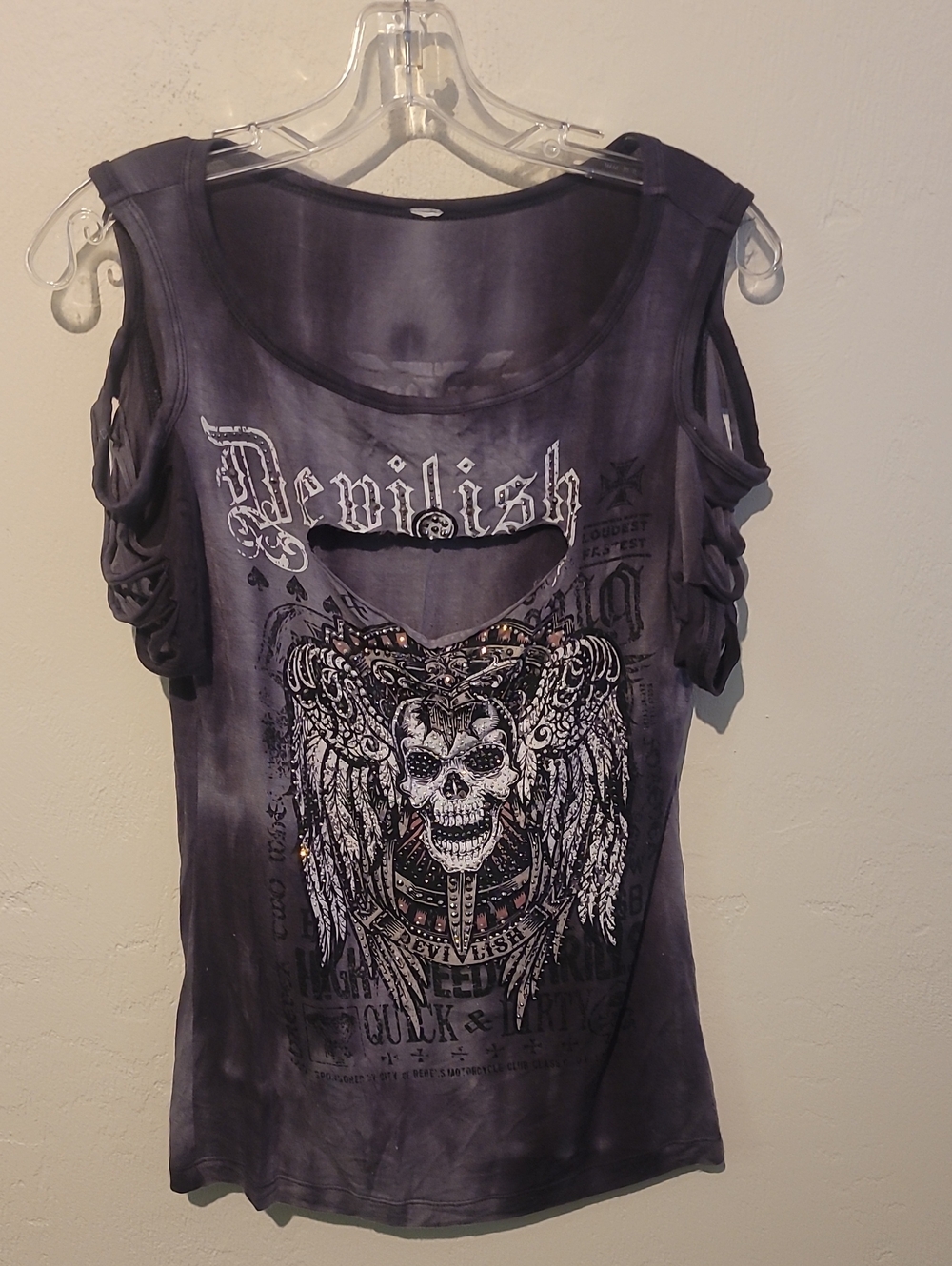 Devilish Graphic Cutout Front & Sleeve T-shirt - Gray